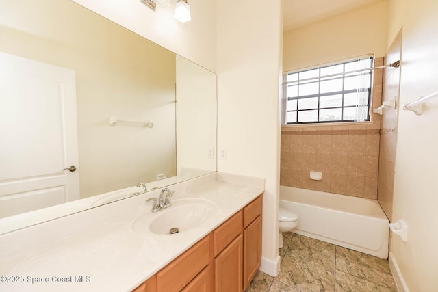 4068 Gardenwood Cir, Grant, FL 32949 - bathroom featuring toilet, vanity, baseboards, and shower / bathtub combination