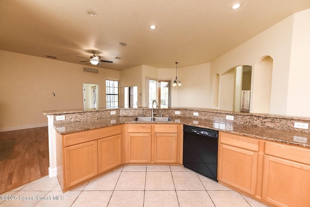 4068 Gardenwood Cir, Grant, FL 32949 - kitchen with black dishwasher, a sink, light brown cabinetry, a ceiling fan, and recessed lighting