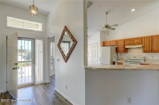 kitchen featuring high vaulted ceiling, under cabinet range hood, white appliances, and dark wood-style floors