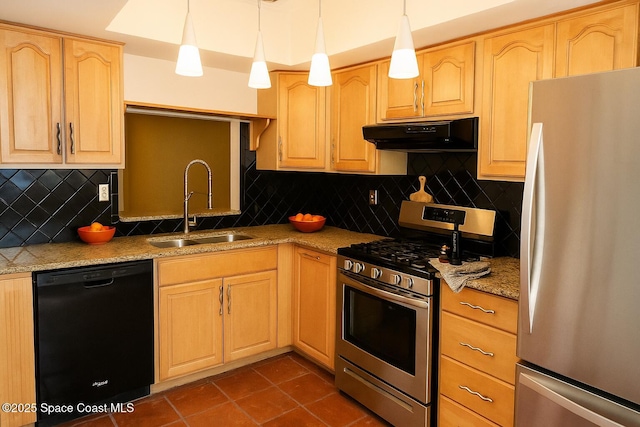 155 Kristi Dr, Indian Harbour Beach, FL 32937 - kitchen featuring stainless steel appliances, under cabinet range hood, light brown cabinets, backsplash, and light stone countertops
