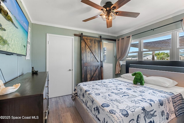 bedroom featuring crown molding, a ceiling fan, a barn door, and wood finished floors