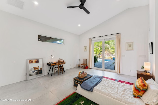 bedroom featuring recessed lighting, a ceiling fan, visible vents, access to exterior, and high vaulted ceiling