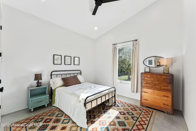 bedroom with high vaulted ceiling, light tile patterned floors, a ceiling fan, and recessed lighting