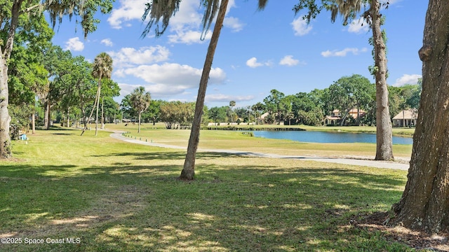 view of community featuring a water view and a lawn