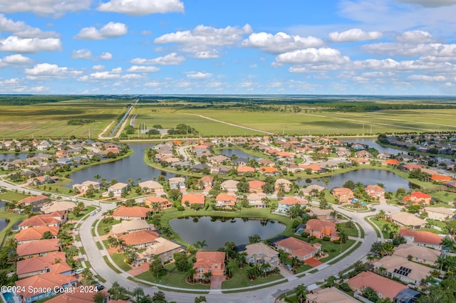 birds eye view of property featuring a water view and a residential view