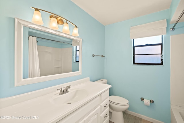 508 Carriage Rd, Indian Harbour Beach, FL 32937 - bathroom featuring toilet, curtained shower, vanity, and wood finished floors