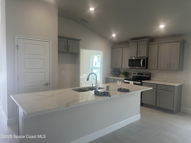 1136 Kylar Dr, Palm Bay, FL 32907 - kitchen with visible vents, gray cabinets, appliances with stainless steel finishes, a kitchen island with sink, and a sink