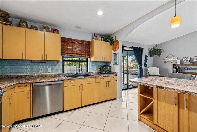 kitchen featuring a sink, stainless steel dishwasher, tasteful backsplash, and a healthy amount of sunlight