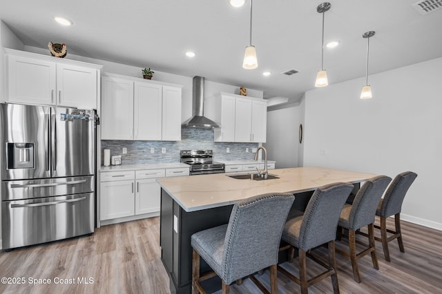 2631 Pinwherry St NW, Palm Bay, FL 32907 - kitchen featuring wall chimney range hood, visible vents, a sink, stainless steel appliances, and light wood finished floors