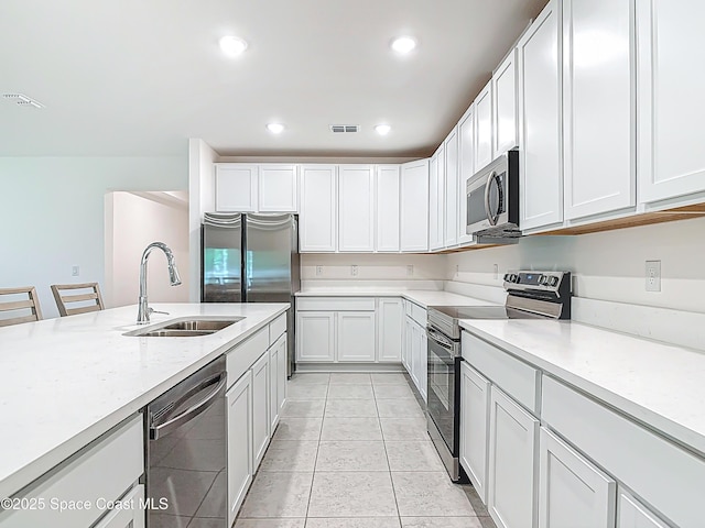 1314 Victory Palm Dr, Edgewater, FL 32132 - kitchen featuring visible vents, white cabinetry, a sink, and appliances with stainless steel finishes