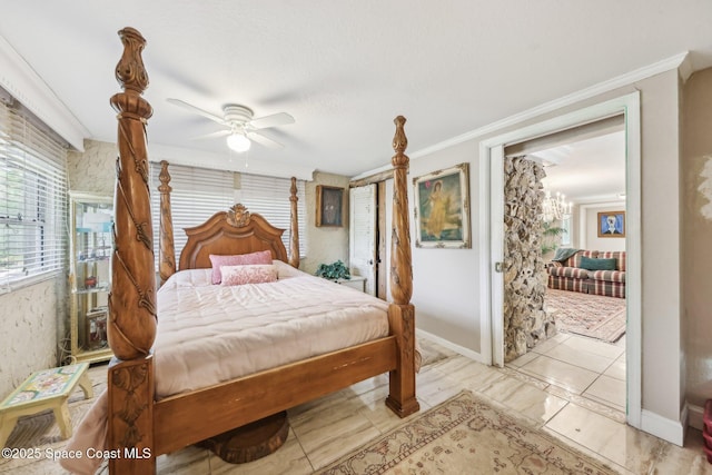 bedroom featuring ornamental molding and a ceiling fan