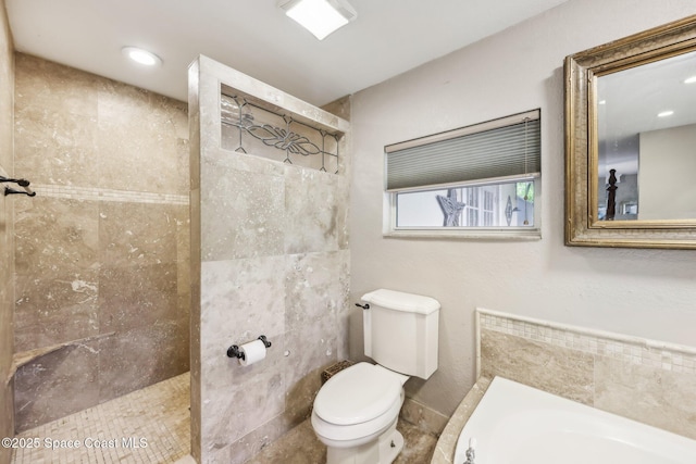 full bathroom with a bath, toilet, and a walk in shower