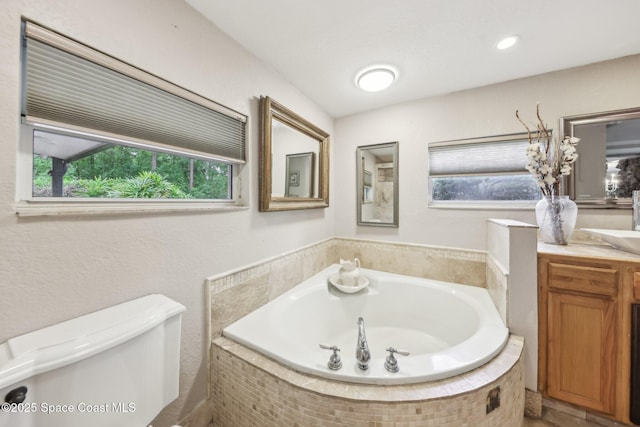 full bath featuring vanity, a bath, and toilet