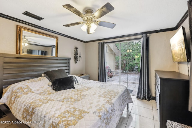 bedroom with visible vents, ornamental molding, ceiling fan, access to outside, and light tile patterned flooring