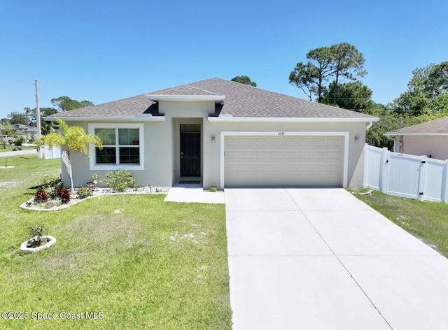 2507 Peralta Dr, Palm Bay, FL 32909 - ranch-style house featuring stucco siding, driveway, a front yard, a garage, and fence