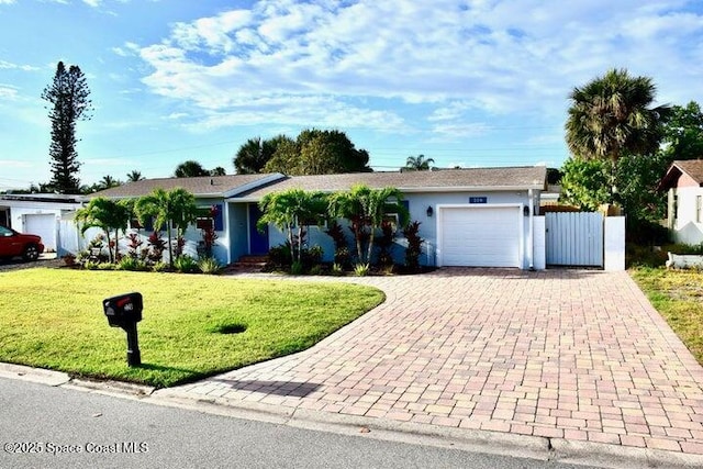 single story home with stucco siding, decorative driveway, an attached garage, a front yard, and a gate