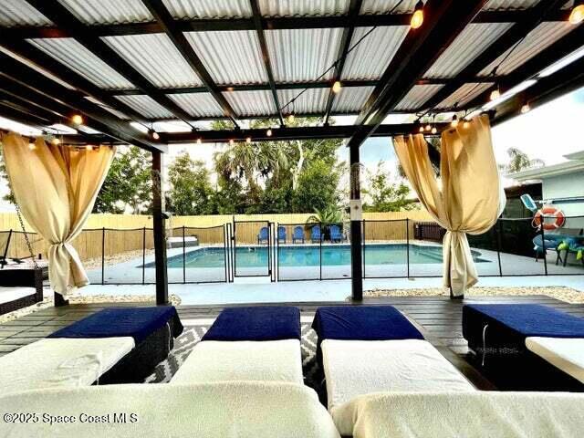 view of swimming pool featuring a patio, a fenced backyard, and a fenced in pool