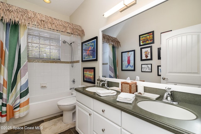 897 Yellow Wood Ct SE, Palm Bay, FL 32909 - full bath with shower / bath combination with curtain, double vanity, a sink, and toilet
