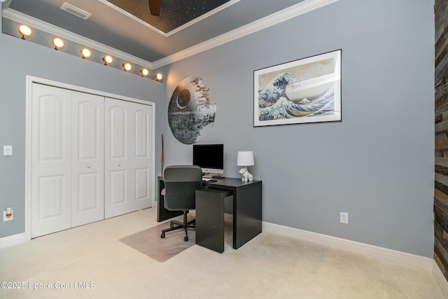 897 Yellow Wood Ct SE, Palm Bay, FL 32909 - office with crown molding, visible vents, baseboards, and carpet