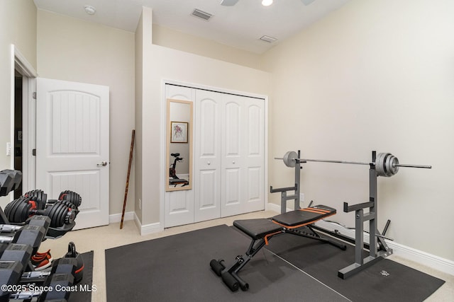 897 Yellow Wood Ct SE, Palm Bay, FL 32909 - exercise room featuring ceiling fan, baseboards, carpet, and visible vents