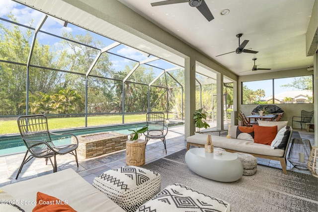 897 Yellow Wood Ct SE, Palm Bay, FL 32909 - view of patio with an outdoor pool, ceiling fan, outdoor lounge area, and glass enclosure