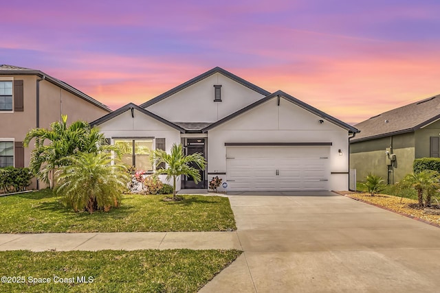 413 Catfish Pl, Cocoa, FL 32927 - ranch-style house featuring a yard, stucco siding, driveway, and a garage