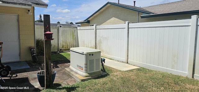 exterior details with fence, a shingled roof, and a power unit