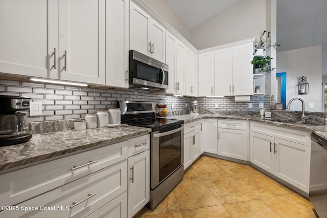2544 Ventura Cir, Melbourne, FL 32904 - kitchen featuring tasteful backsplash, a sink, white cabinets, and stainless steel appliances
