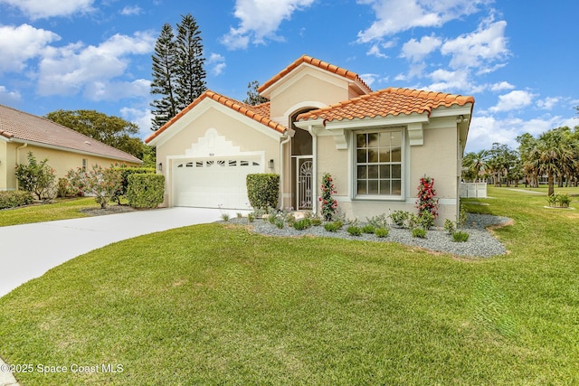 mediterranean / spanish-style home featuring a garage, driveway, a front lawn, stucco siding, and a tile roof