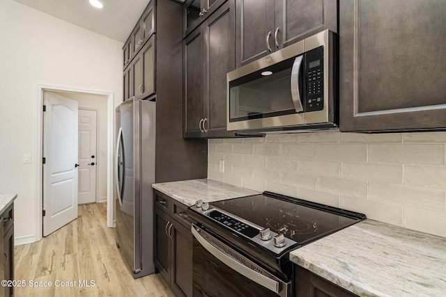 kitchen with appliances with stainless steel finishes, dark brown cabinetry, backsplash, and light wood finished floors