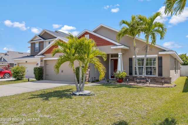 view of front of property featuring stucco siding, concrete driveway, a front lawn, and a garage