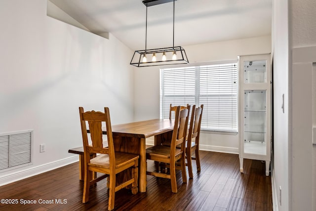 dining room featuring dark wood finished floors, baseboards, and visible vents