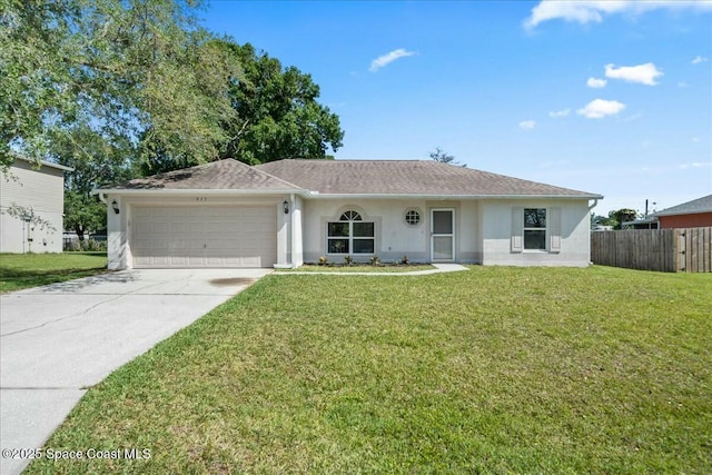 ranch-style house with a garage, fence, stucco siding, a front lawn, and driveway
