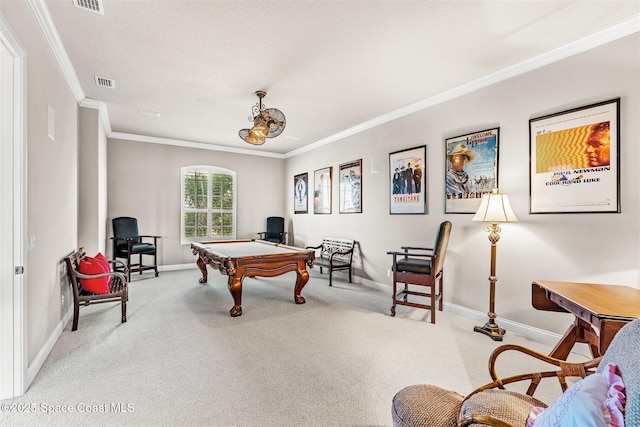 playroom with ornamental molding, carpet flooring, baseboards, and billiards table