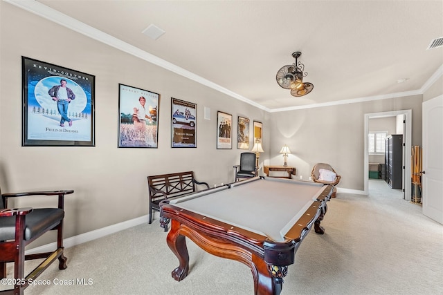 game room with carpet floors, ornamental molding, baseboards, and billiards table