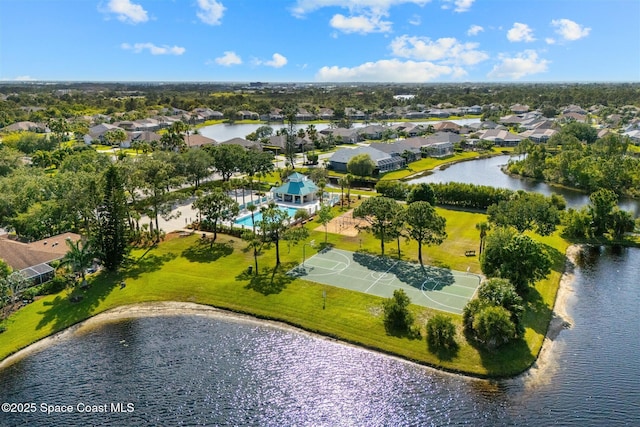 aerial perspective of suburban area with a pool and a large body of water