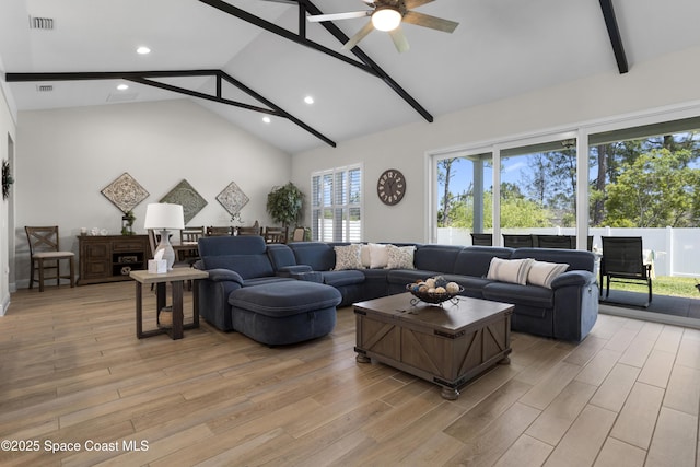 1954 Crossbill Dr, Titusville, FL 32796 - living area featuring light wood-style flooring, high vaulted ceiling, beamed ceiling, and visible vents