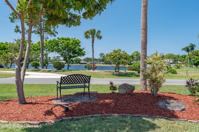 surrounding community featuring a lawn and a water view