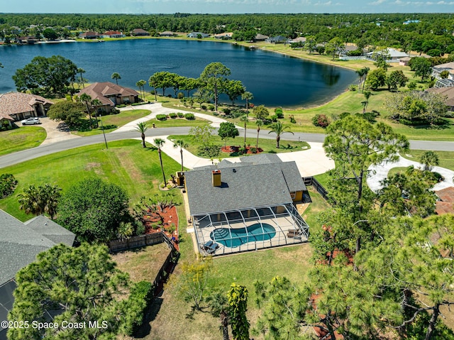 drone / aerial view featuring a water view