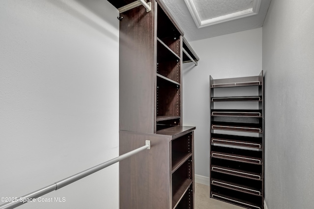 spacious closet featuring radiator and attic access
