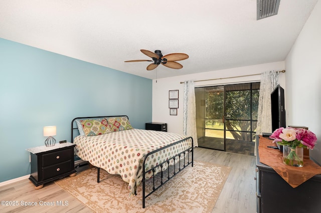 2245 Golf Isle Dr Unit 424, Melbourne, FL 32935 - bedroom with light wood-type flooring, visible vents, a ceiling fan, and access to outside