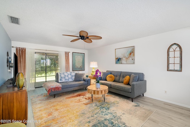 2245 Golf Isle Dr Unit 424, Melbourne, FL 32935 - living room featuring a ceiling fan, visible vents, a textured ceiling, and light wood-style floors