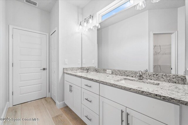 bathroom featuring wood finished floors, visible vents, a sink, and double vanity