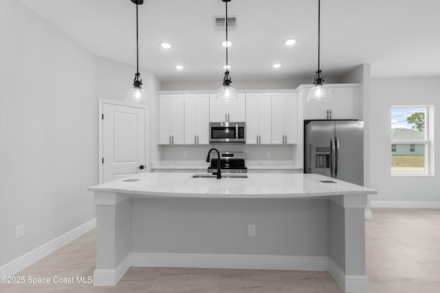kitchen featuring a sink, a spacious island, visible vents, white cabinetry, and appliances with stainless steel finishes
