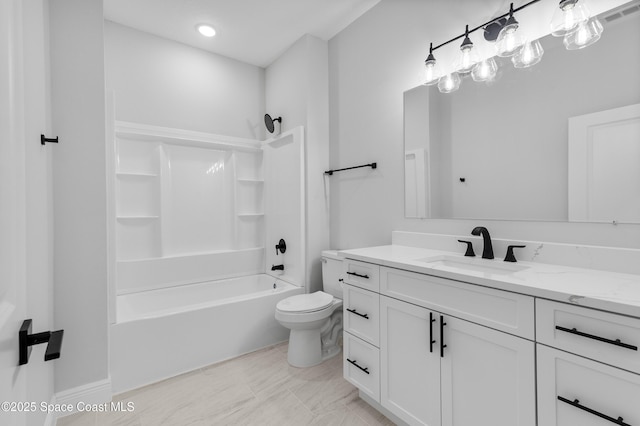 full bath featuring toilet, vanity, visible vents, and tub / shower combination