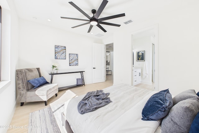 bedroom featuring recessed lighting, baseboards, visible vents, and light wood-type flooring