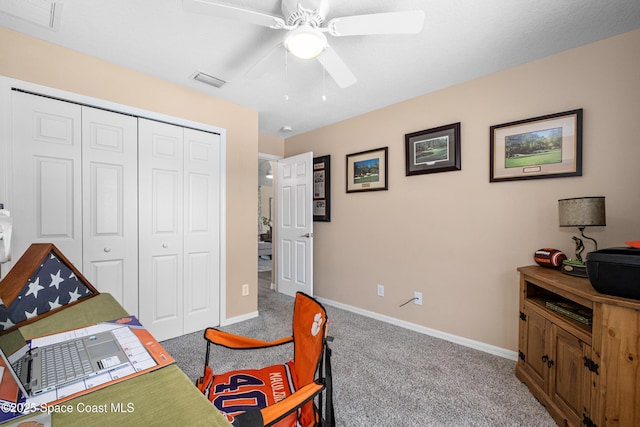 1627 Earlham Ave NW, Palm Bay, FL 32907 - office with baseboards, ceiling fan, carpet flooring, and visible vents