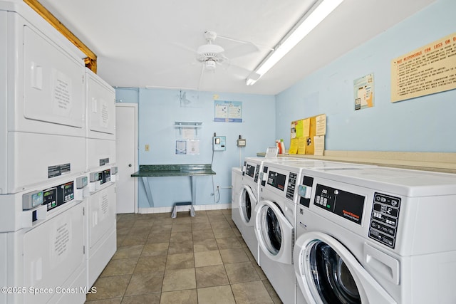 common laundry area featuring ceiling fan, stacked washing maching and dryer, and separate washer and dryer