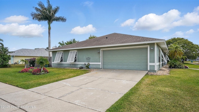 235 Northgrove Dr, Merritt Island, FL 32953 - ranch-style home featuring a garage, a front yard, stucco siding, driveway, and roof with shingles