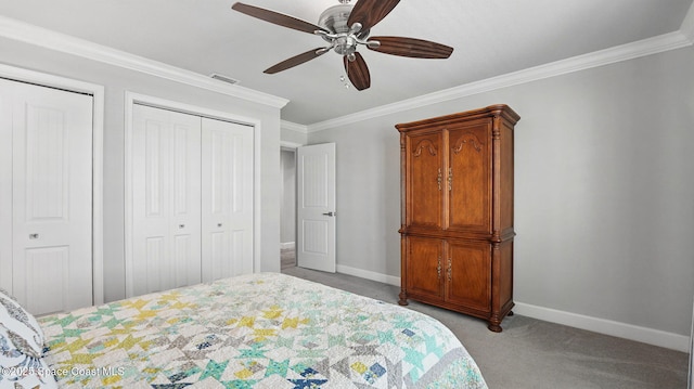 235 Northgrove Dr, Merritt Island, FL 32953 - bedroom with light carpet, baseboards, crown molding, multiple closets, and ceiling fan